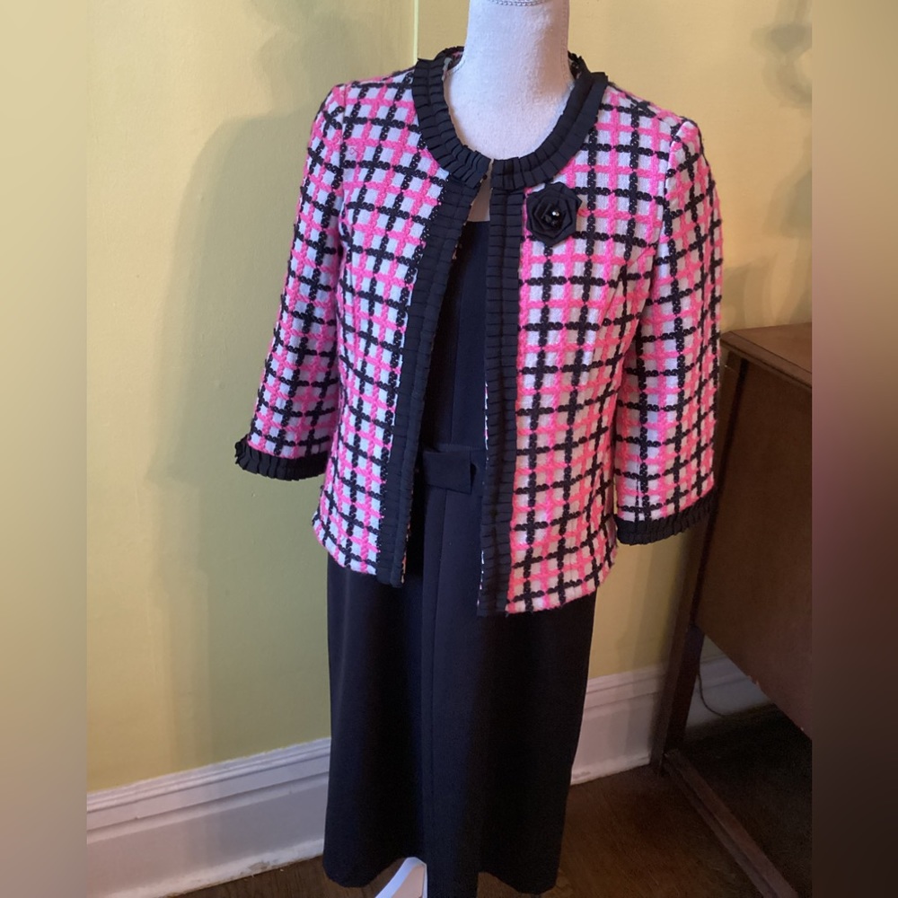 Scott Taylor Plaid Jacket in Black, Pink & Off White with Pleated Ribbon Trim PM